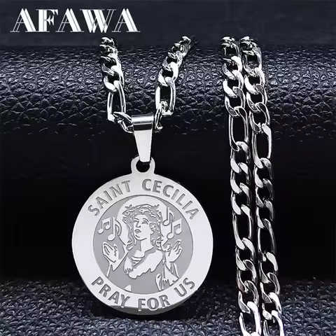 Saint Cecilia Pray for Us Necklace for Women Silver Color Stainless Steel Medal Religious Pendant Ne