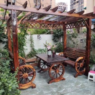 Taman kebun dengan trellis anggur, pavilion kayu anti-karat, koridor berkarbonisasi, tempat letak bu