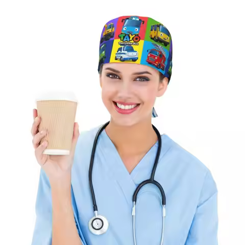 Tayo The Little Bus Cartoon Scrub Hat Doctor Working Surgical Cap Unisex Adjustable Nursing Caps for