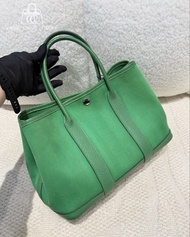 🌈Hermes💚Garden party 30💚竹子綠色帆布拼皮銀扣🌈99新🌟gardenparty30🌟gardenparty🌟花園包🌟愛馬仕🌟