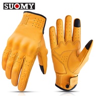 Suomy ถุงมือขี่มอเตอร์ไซค์หนังแพะถุงมือรถวิบากวินเทจสีเหลืองระบายอากาศได้ถุงมือหนังขี่มอเตอร์ไซค์จริ