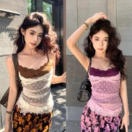Tank Top With Lace Decoration 2-Piece Design Attached To Women's Spaghetti Strap With Foam Pads Tigh
