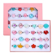 24pcs Little Girl Jewel Rings, Adjustable, No Duplication Kids Play Ring in Box,Pretend Play and Dre
