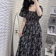 Midi dress 6608-1 rok 3layer premium sabrina korean style Santai Bunga Casual Hitam Mewah exy