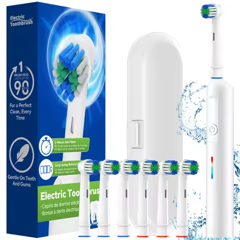 Portable Rechargeable Electric Powered Toothbrush with 3 Modes, 6 Brush Heads and 2 Min Timer, Compa