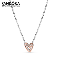 Pandora Heart 14k rose gold-plated and sterling silver collier with clear cubic zirconia สร้อยคอ สร้อยคอแพนดอร่า สร้อยคอหัวใจ แพนดอร่า