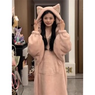 Halloween Cute Coral Fleece Nightgown for Women Korean Style Winter Style Sweet Ground Color Home Dr