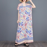 Oladivi L-8XL Fashion Floral Printed Plus Size Bohemian Long Dress Women Summer Short Sleeve Casual 