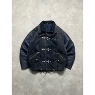 Y2K D. Park Indigo Blue Double Collar Bomber Harrington Fireman Claps Suede Leather Jacket