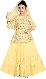 Kids Indian Dress for Girls Lehenga Choli, Handwork Embriodery, Yellow, 10-12 Years