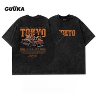 American retro style racing print short-sleeved T-shirt washed T-shirt anime baju men Lelaki Wanita