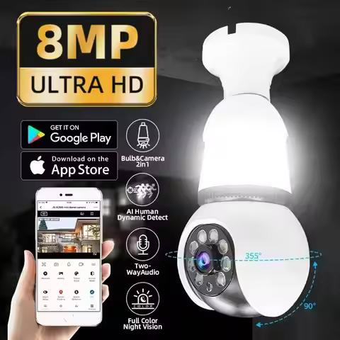 8MP E27 Bulb WiFi Camera 2 In1 LED Bulb Smart IP Camera Surveilance PTZ 8X Zoom Tracking Two-way Aud