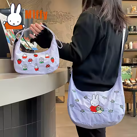 Kawaii Miffy Shoulder Bag Cute Embroidered Strawberry Mushroom Daisy Pattern Lightweight Crossbody B