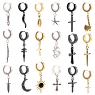 Alisouy 2 Pieces Stainless Steel Cross Starfish Sword Axe Moon Pepper Pendant Women Men Small Huggie