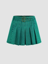 Cider Denim Double Belted Pleated Mini Skirt