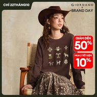 GIORDANO Women T-Shirts Retro Embroideries Loose Tee Round Neck Long Sleeve Smooth Soft Fashion Casu
