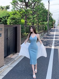 ชุดเดรสคาร์ดิสัน SKIMS ทรงเข้ารูปสีฟอกน้ำยาวคลุมเข่าผ้าถักคอวีแขนกุดสำหรับงานวันเกิด