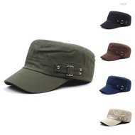 (h1e) Military Style Cadet Army Cap Men Women Pure Color Washed Cotton Flat Top Cap