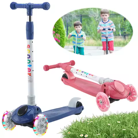 Kids Push Scooter Kick Scooter Light-Up Wheels Adjustable Height Kids Scooter Lean To Steer 3 Wheel 
