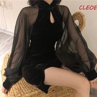 CLEOES Short Cheongsam, Chic Aesthetic Lantern Sleeve Cheongsam, Fashion Slim Fit Cheongsam Vintage Velvet Side Split Dress Girls