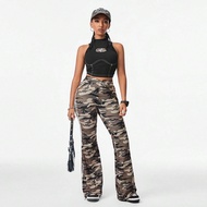 Quần ống loe đen thoải mái cho nữ Coolane Streetwear họa tiết camo co giãn dệt băng vải trang trí họ