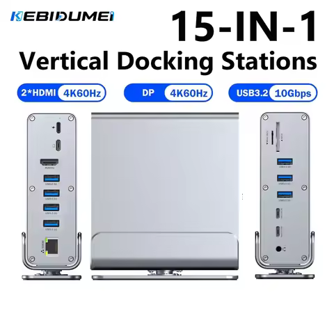 KEBIDUMEI 15 In 1 Vertical Docking Stations TYPE C HUB USB3.0 4K60Hz DisplayPort RJ45 1000Mbps SD TF