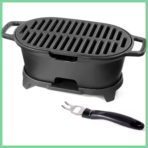 Mini Cast Iron Hibachi Grill, Portable Charcoal BBQ for Outdoor Camping, 11" x 6.7" Grate, Ideal for