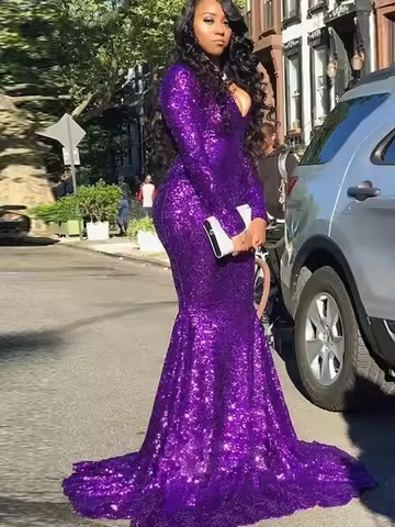 Customized Purple V Neck Long Sleeves Mermaid Prom Dresses Africa Black Girl Homecoming Birthday Par