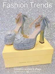 รองเท้าแตะส้นสูง Mary Janes Crystal Glass Flower Head Waterproof Platform Comfortable High Heels San