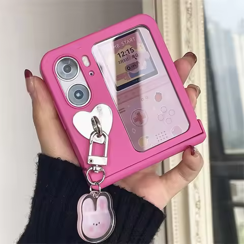 Cute Korean Cartoon Bunny Rabbit Pendant Pink Rose Red Case for OPPO Find N2 FLIP findn2 flip Find N