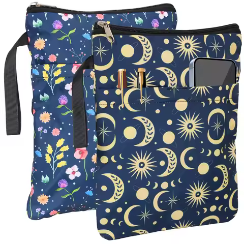 2 Pcs Printed Polyester Book Sleeves Zipper Book Storage Pouch Front Pocket Book Cover Readers Book