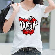 M-6XL เสื้อยืดแฟชั่นเกาหลี เชอร์รี่ คอวีT-shirt DRIP for women Cotton100% High quality รุ่น C467