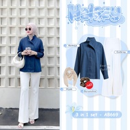 KEMEJA Godiva Outfit Halsey Jacket 3in1 Set TrendyWanita (Bella Square + Shirt + celana cutbray) Sim