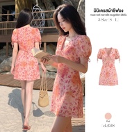 Pink Short Dress V-Neck With Bow Tie Doll Sleeves With Drawstring Gradient Floral Design A-Line Styl