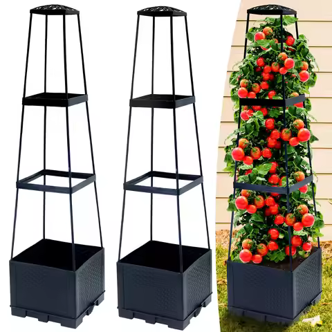 2pcs 44.8Inch Self-Watering Tomato Planter Box With Trellis, Trapezoidal Climbing Cage For Patio Gar