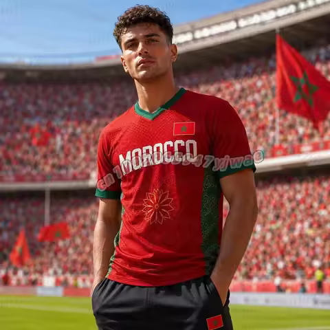 2026 Morocco Flag 3D Print T-Shirt Summer Outdoor Sports Quick Dry Breathable Football Fans Jersey M
