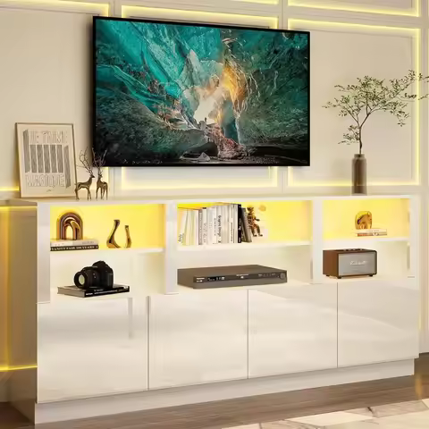 70 Inch LED TV Stand for 75/80/85 Inch TV, Modern Gaming Entertainment Center with Storage Shelves &