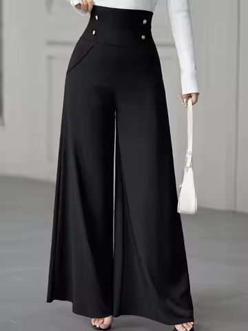 Women's High Waisted Wide Leg Pants Solid Color Button-Detail Flowy Trousers for Spring Autumn Offic