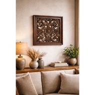 Wooden Frame Carved Flower Pattern Oak Color Size 43x43x4 cm. Chamchuri Wood Wall Decoration Handicr