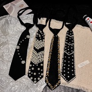 Bow Tie-Free Rhinestone Women Accessories Black Tie Pearl jk Niche Knotted Scarf Design Uniform Hand