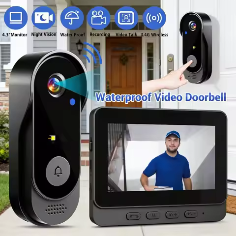 Wireless Door Bell 4.3" Color Display Smart Video Doorbell Waterproof One-Key Record 2.4G WiFi Night