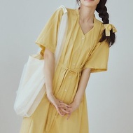 黃色 2色 絕美小眾領口打褶短袖洋裝 顯瘦百搭復古系帶寬松連身裙