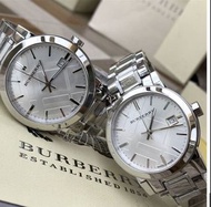 BURBERRY 銀色錶盤 銀色不鏽鋼錶帶 石英 情侶對錶 BU9000/BU9100