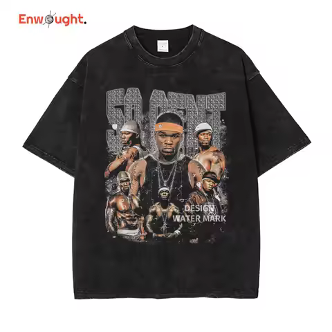 50 Cent T Shirt Hip Hop Rapper Singer Tops Tees Vintage Washed Short Sleeve Oversized T-shirt Haraju