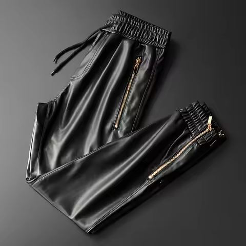 Men's Leather Pants Superior Quality Elastic Waist Jogger Pants PU Leather Motorcycle Trousers Biker