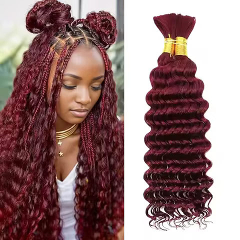 For Boho Braids 99J Burgundy Human Hair Deep Wave Human Braiding Hair 2 3 4 PCS Colored Bulk For Bra