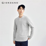GIORDANO Men T-Shirts Henley Neck Long Sleeve Tee Solid Color Waffle Gentle Simple Basic Fashion Cas