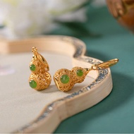 {Gold Inlaid Hetian Jasper} Hollow Gourd Earrings|925 Silver Palace Style Earrings|Natural Jade Birt