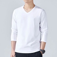 2g Heavy Long-Sleeved Men's T-shirt Pure Cotton Loose Solid Color Top V-Neck Youth Autumn Winter T-s
