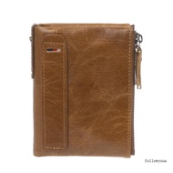 fol Men Genuine Leather Double Zipper Wallet Cowhide Bifold Coin Purse Card Holder